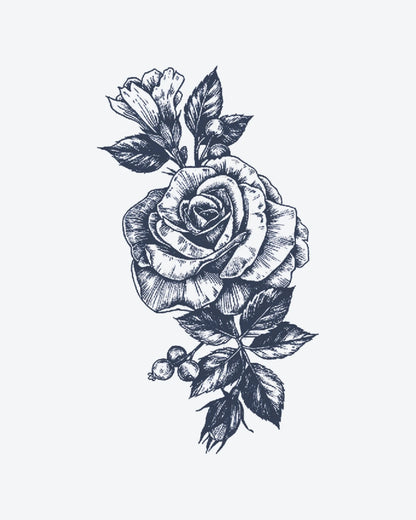 Classic Rose semi-permanent tattoo design by INKY – Flower, Rose, Leaves, Bloom illustration, 3 x 4 in (7x10 cm), available at inkytatt.com