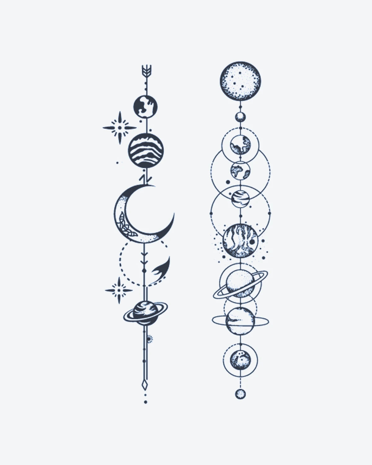 Cosmic Line 2 semi-permanent tattoo design by INKY – Crescent Moon, Fine Line, Sun, Planet, Saturn illustration, 3 x 4 in (7x10 cm), available at inkytatt.com