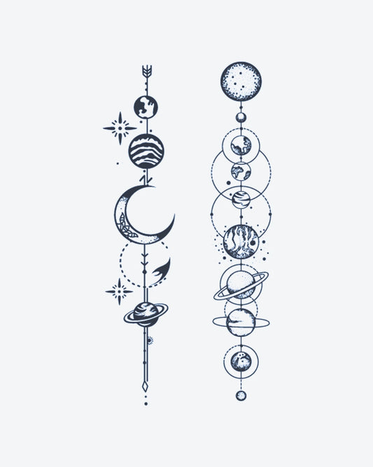 Cosmic Line 2 semi-permanent tattoo design by INKY – Crescent Moon, Fine Line, Sun, Planet, Saturn illustration, 3 x 4 in (7x10 cm), available at inkytatt.com