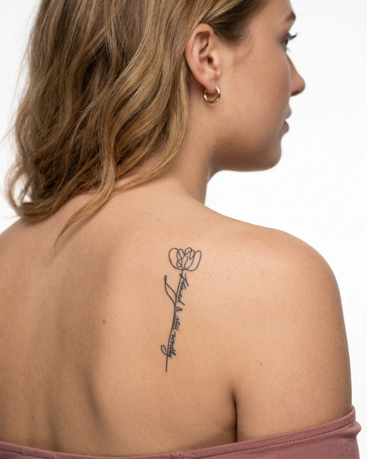 INKY Flawed Tulip semi-permanent tattoo applied on a woman – 2 x 4 in (6x10 cm) design, realistic ink look, lasts 10 days
