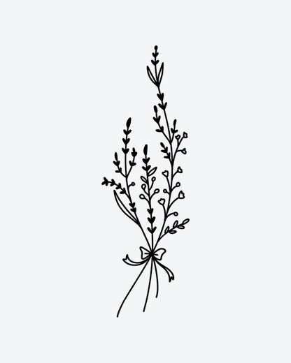 Floral Sprig semi-permanent tattoo design by INKY – Fine Line, Leaves, Ribbon, Bow, Bud illustration, 4 x 7 in (10x17 cm), available at inkytatt.com