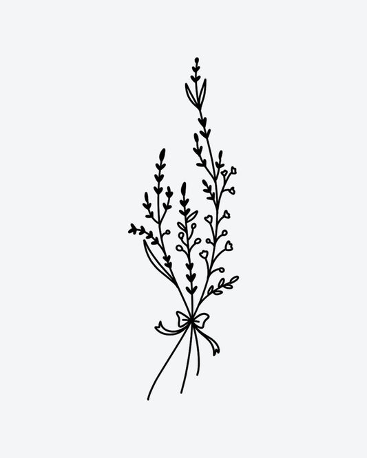 Floral Sprig semi-permanent tattoo design by INKY – Fine Line, Leaves, Ribbon, Bow, Bud illustration, 4 x 7 in (10x17 cm), available at inkytatt.com