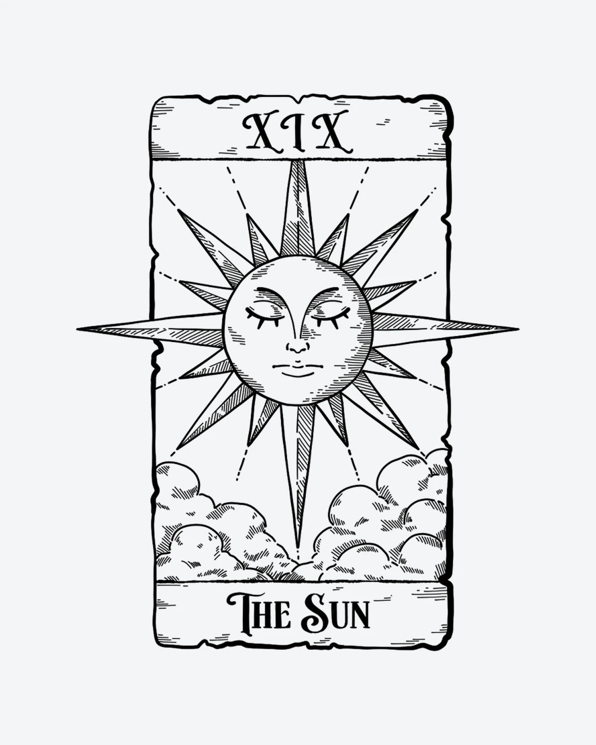 The Sun Tarot semi-permanent tattoo design by INKY – Fine Line, Sun, Cross, Face, Scroll illustration, 3 x 4 in (7x10 cm), available at inkytatt.com