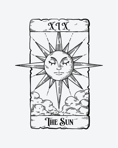The Sun Tarot semi-permanent tattoo design by INKY – Fine Line, Sun, Cross, Face, Scroll illustration, 3 x 4 in (7x10 cm), available at inkytatt.com