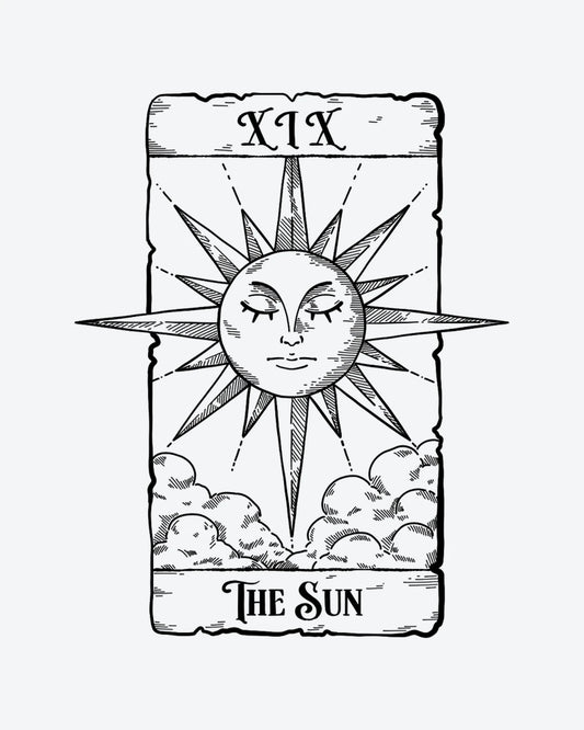 The Sun Tarot semi-permanent tattoo design by INKY – Fine Line, Sun, Cross, Face, Scroll illustration, 3 x 4 in (7x10 cm), available at inkytatt.com