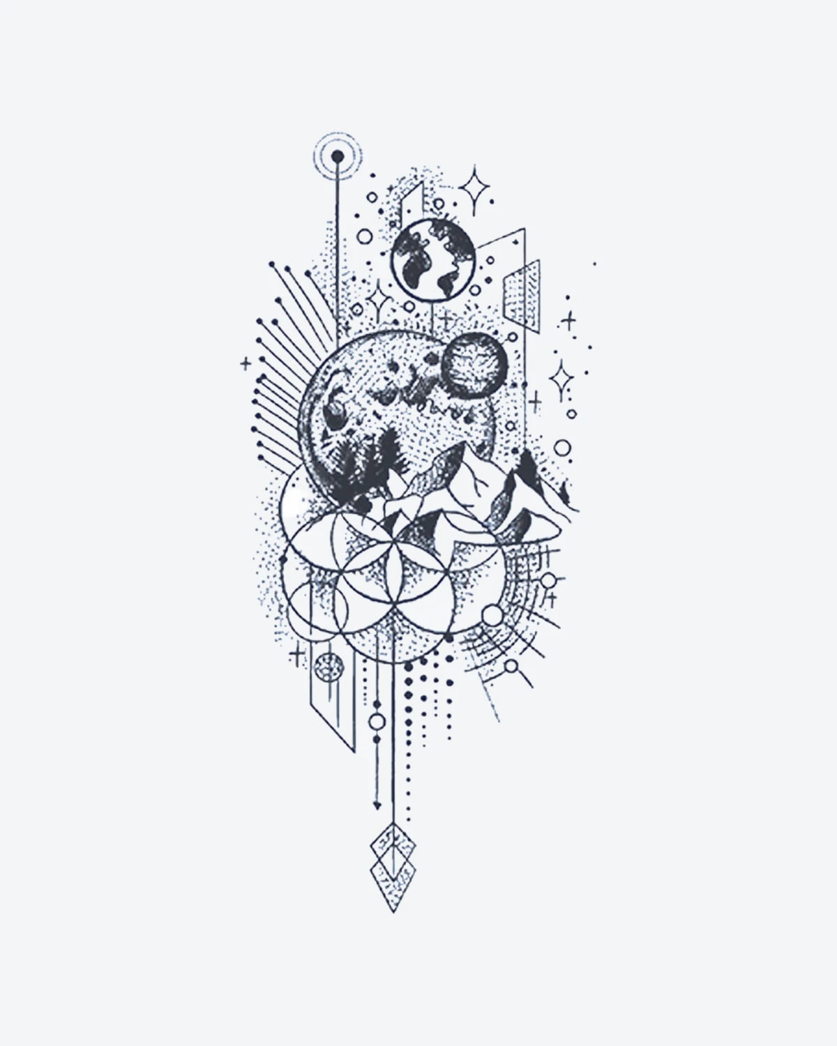 Mystic Cosmos semi-permanent tattoo design by INKY – Sacred Geometry, Fine Line, Mountain, Tree, Moon illustration, 2 x 4 in (6x10 cm), available at inkytatt.com