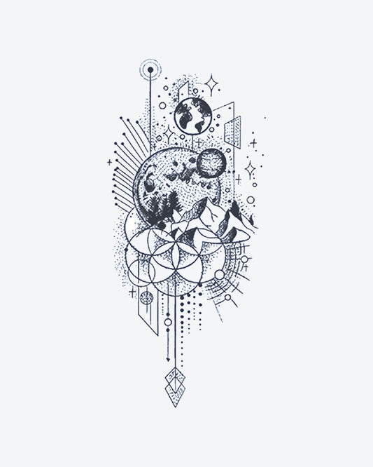 Mystic Cosmos semi-permanent tattoo design by INKY – Sacred Geometry, Fine Line, Mountain, Tree, Moon illustration, 2 x 4 in (6x10 cm), available at inkytatt.com