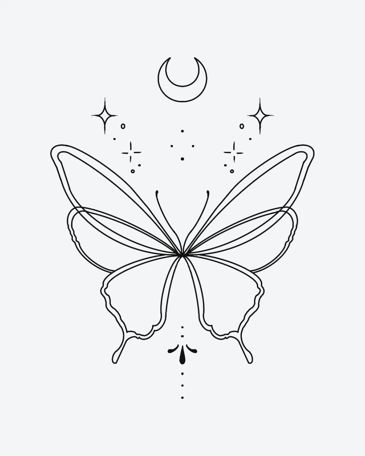 Star Butterfl semi-permanent tattoo design by INKY – Crescent Moon, Fine Line, Butterfly, Star, Wings illustration, 2 x 2 in (4x4 cm), available at inkytatt.com