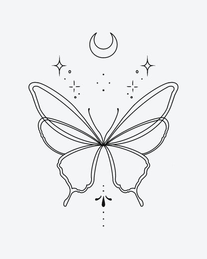 Star Butterfl semi-permanent tattoo design by INKY – Crescent Moon, Fine Line, Butterfly, Star, Wings illustration, 2 x 2 in (4x4 cm), available at inkytatt.com