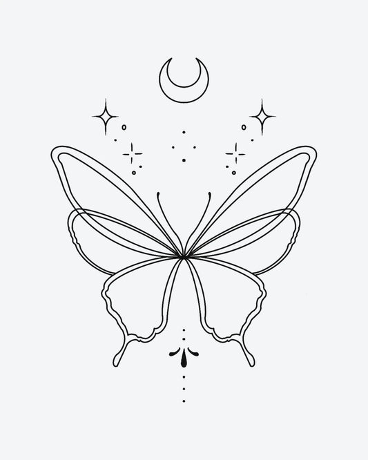 Star Butterfl semi-permanent tattoo design by INKY – Crescent Moon, Fine Line, Butterfly, Star, Wings illustration, 2 x 2 in (4x4 cm), available at inkytatt.com