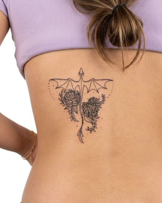 INKY Draconic Bloo semi-permanent tattoo applied on a woman – 3 x 3 in (7x7 cm) design, realistic ink look, lasts 10 days