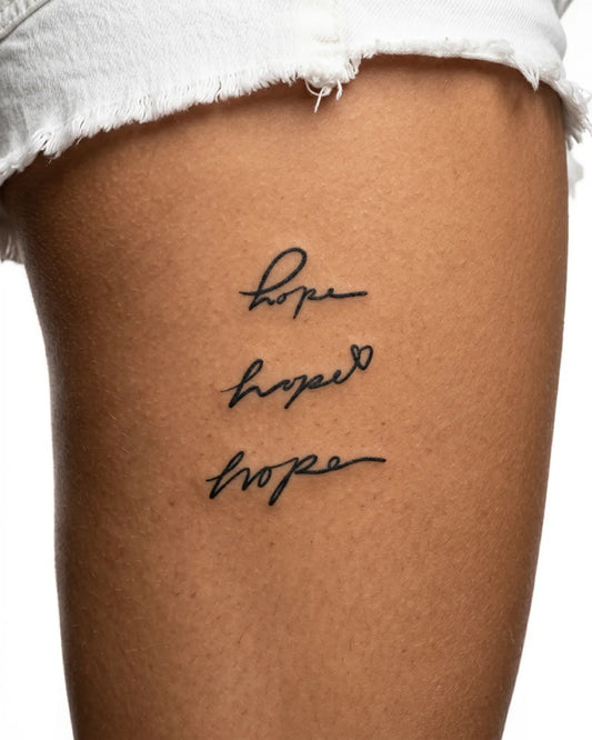 INKY Hope Script semi-permanent tattoo applied on a woman – 3 x 4 in (7x10 cm) design, realistic ink look, lasts 10 days