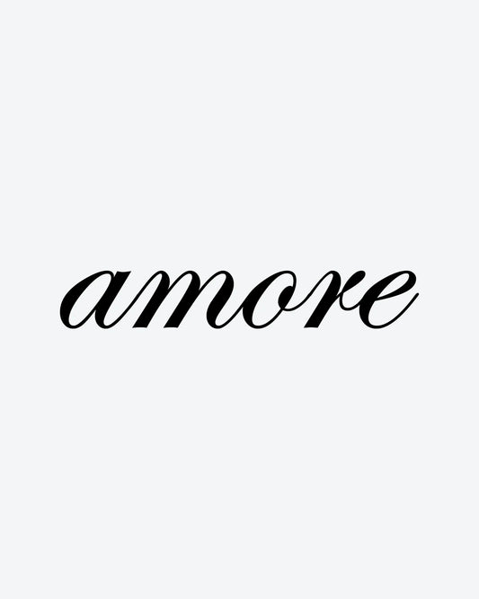 Amore Script semi-permanent tattoo design by INKY – Amore Script illustration, 2 x 2 in (4x4 cm), available at inkytatt.com