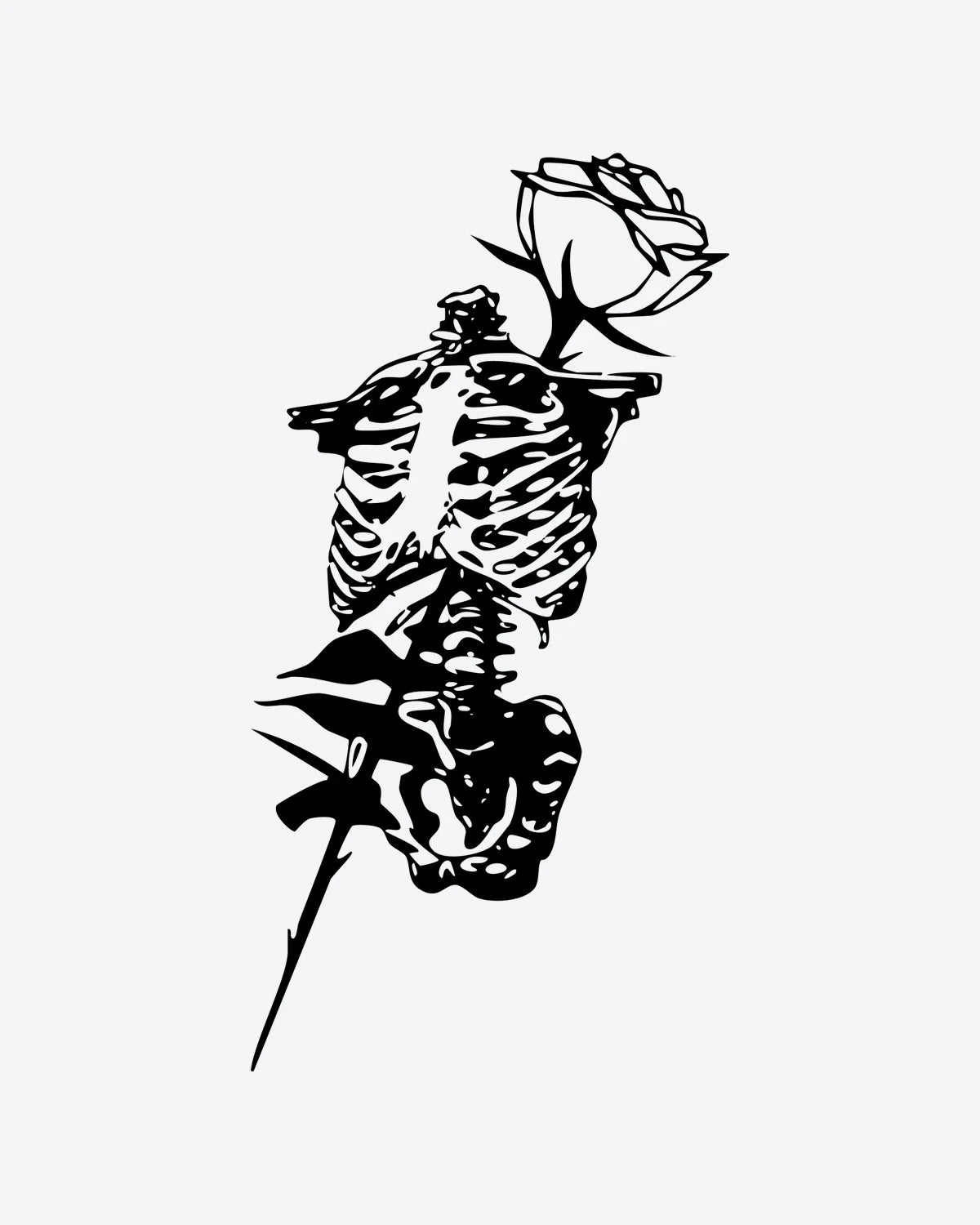 Rose Skeleton semi-permanent tattoo design by INKY – Rose, Skeleton, Thorn, Stem illustration, 2 x 4 in (6x10 cm), available at inkytatt.com