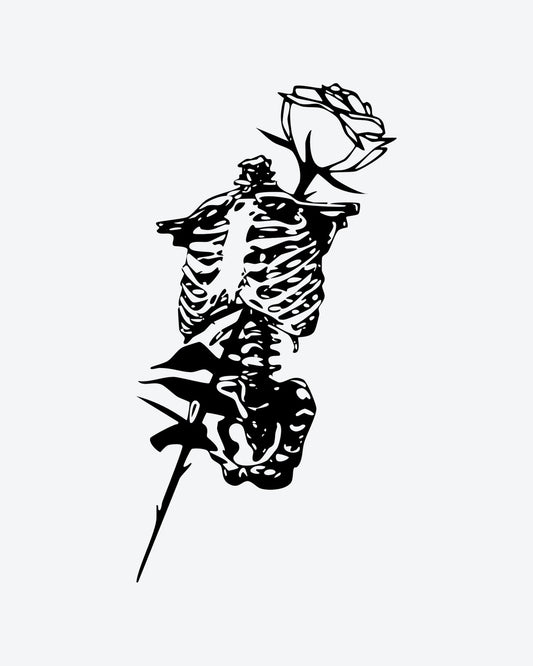 Rose Skeleton semi-permanent tattoo design by INKY – Rose, Skeleton, Thorn, Stem illustration, 2 x 4 in (6x10 cm), available at inkytatt.com