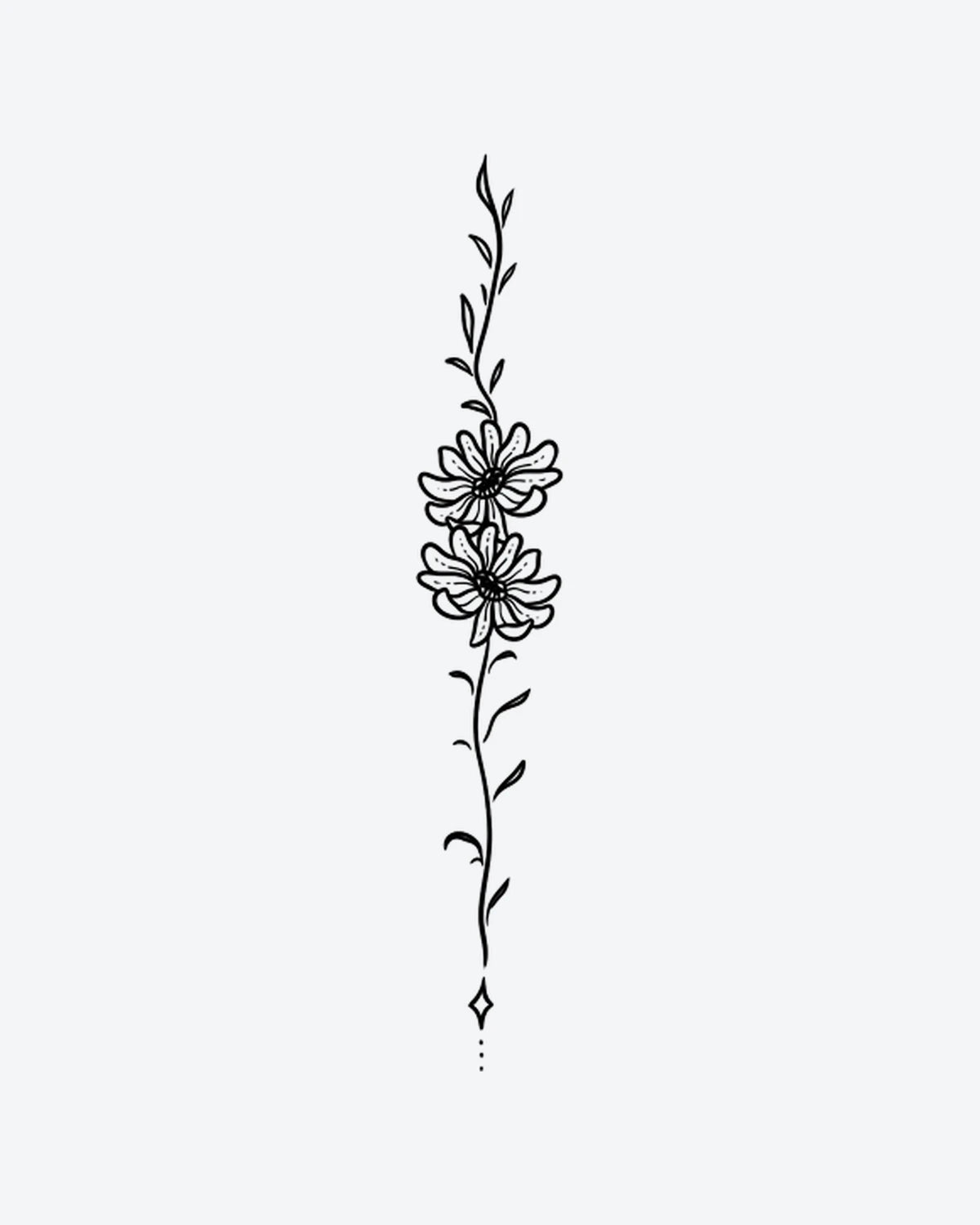 Bloom Vine semi-permanent tattoo design by INKY – Fine Line, Flower, Leaves, Daisy, Diamond illustration, 2 x 4 in (6x10 cm), available at inkytatt.com