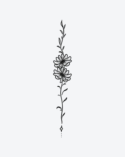 Bloom Vine semi-permanent tattoo design by INKY – Fine Line, Flower, Leaves, Daisy, Diamond illustration, 2 x 4 in (6x10 cm), available at inkytatt.com