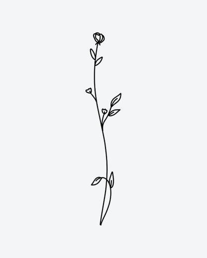 Stem semi-permanent tattoo design by INKY – Fine Line, Flower, Leaves, Bud, Stem illustration, 4 x 8 in (11x20 cm), available at inkytatt.com