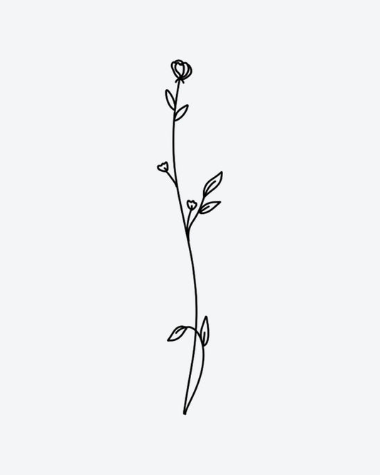 Stem semi-permanent tattoo design by INKY – Fine Line, Flower, Leaves, Bud, Stem illustration, 4 x 8 in (11x20 cm), available at inkytatt.com