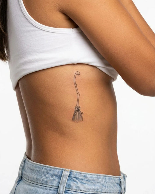 INKY Witch Broom semi-permanent tattoo applied on a woman – 2 x 4 in (6x10 cm) design, realistic ink look, lasts 10 days