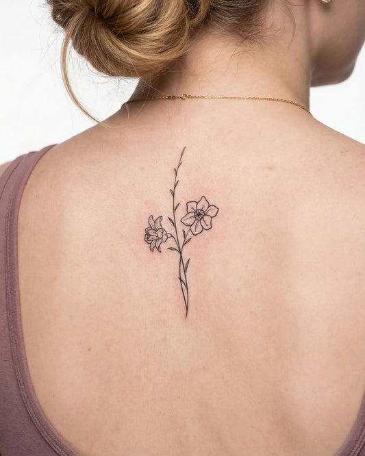 INKY Graceful Stem semi-permanent tattoo applied on a woman – 2 x 4 in (6x10 cm) design, realistic ink look, lasts 10 days