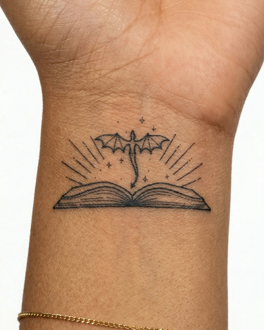 INKY Book Dragon semi-permanent tattoo applied on a woman – 2 x 2 in (4x4 cm) design, realistic ink look, lasts 10 days
