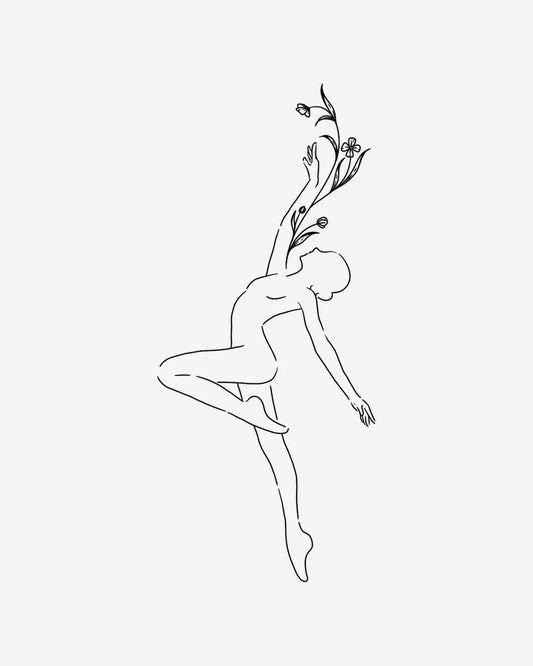 Growth Dancer 2 semi-permanent tattoo design by INKY – Fine Line, Flower, Leaves illustration, 4 x 7 in (10x17 cm), available at inkytatt.com