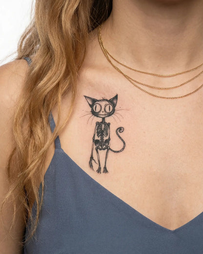 INKY Skelly Cat semi-permanent tattoo applied on a woman – 2 x 4 in (6x10 cm) design, realistic ink look, lasts 10 days