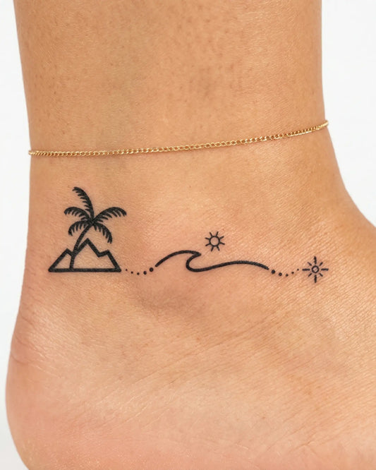 INKY Wanderlust semi-permanent tattoo applied on a woman – 2 x 2 in (4x4 cm) design, realistic ink look, lasts 10 days