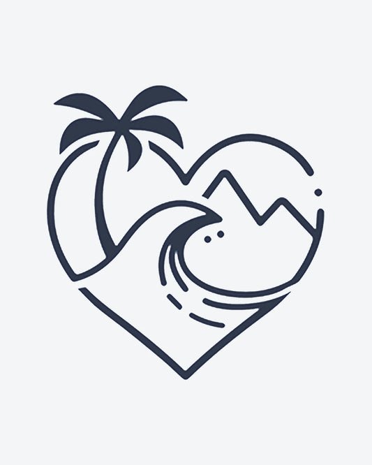Wanderlust 2 semi-permanent tattoo design by INKY – Ocean Wave, Palm Tree, Line Art, Mountain, Heart illustration, 0.5 x 0.5 in (1x1 cm), available at inkytatt.com