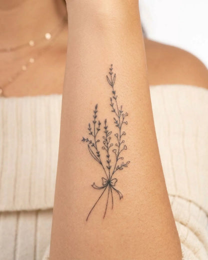 INKY Sprig semi-permanent tattoo applied on a woman – 2 x 4 in (6x10 cm) design, realistic ink look, lasts 10 days
