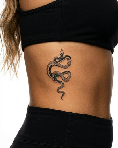 INKY Coiled Snake semi-permanent tattoo applied on a woman – 3 x 4 in (7x10 cm) design, realistic ink look, lasts 10 days