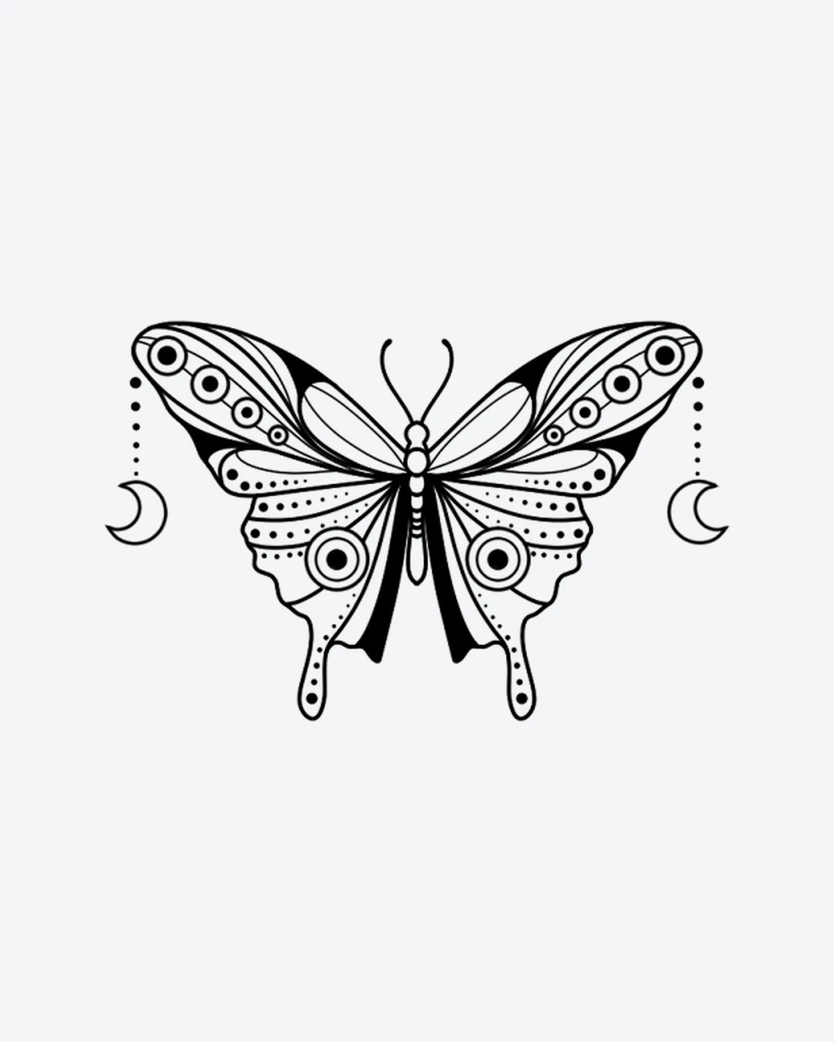 Moon Butte semi-permanent tattoo design by INKY – Crescent Moon, Fine Line, Butterfly, Wings, Circle illustration, 3 x 3 in (7x7 cm), available at inkytatt.com