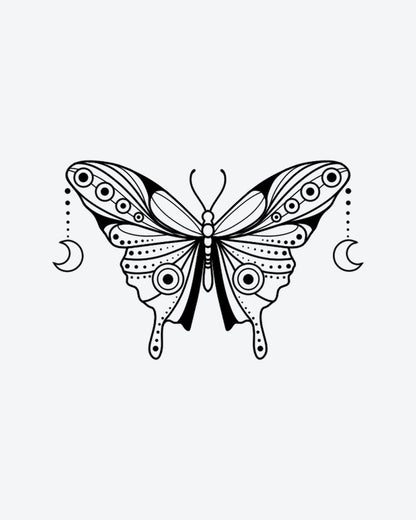 Moon Butte semi-permanent tattoo design by INKY – Crescent Moon, Fine Line, Butterfly, Wings, Circle illustration, 3 x 3 in (7x7 cm), available at inkytatt.com