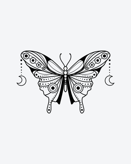 Moon Butte semi-permanent tattoo design by INKY – Crescent Moon, Fine Line, Butterfly, Wings, Circle illustration, 3 x 3 in (7x7 cm), available at inkytatt.com