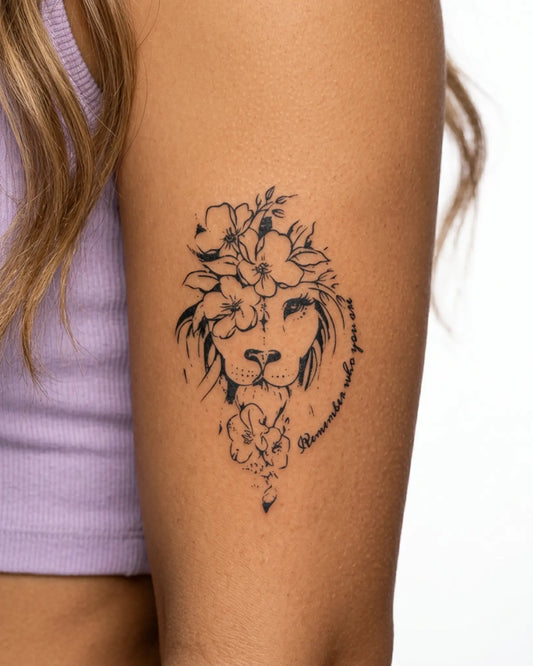 INKY Lion Bloom semi-permanent tattoo applied on a woman – 3 x 4 in (7x10 cm) design, realistic ink look, lasts 10 days