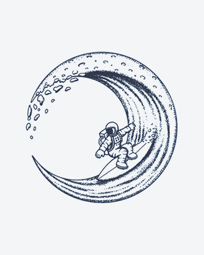 Astro Surf semi-permanent tattoo design by INKY – Crescent Moon, Line Art, Wave, Water illustration, 2 x 2 in (4x4 cm), available at inkytatt.com