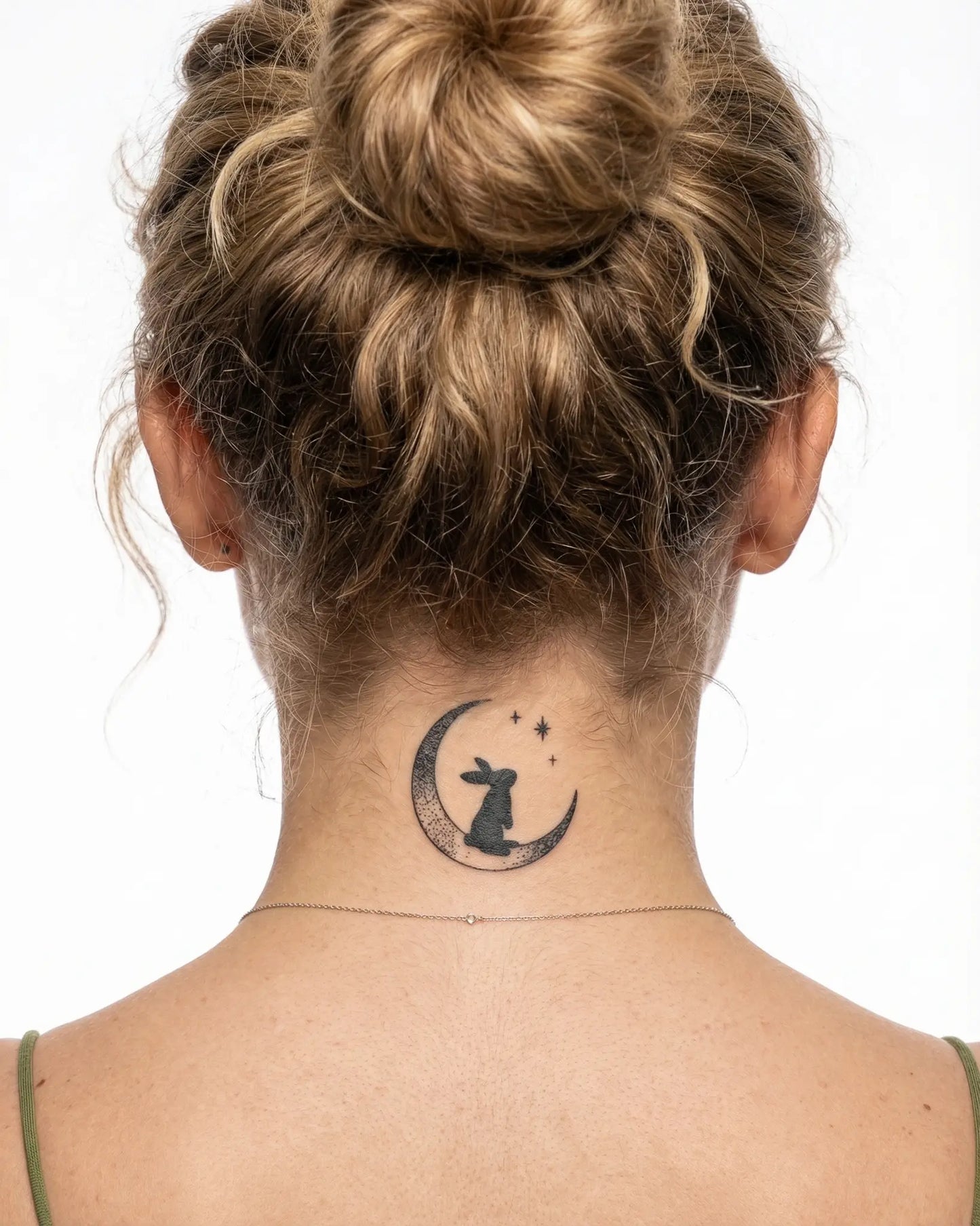 INKY Moon Rabbit semi-permanent tattoo applied on a woman – 2 x 2 in (4x4 cm) design, realistic ink look, lasts 10 days