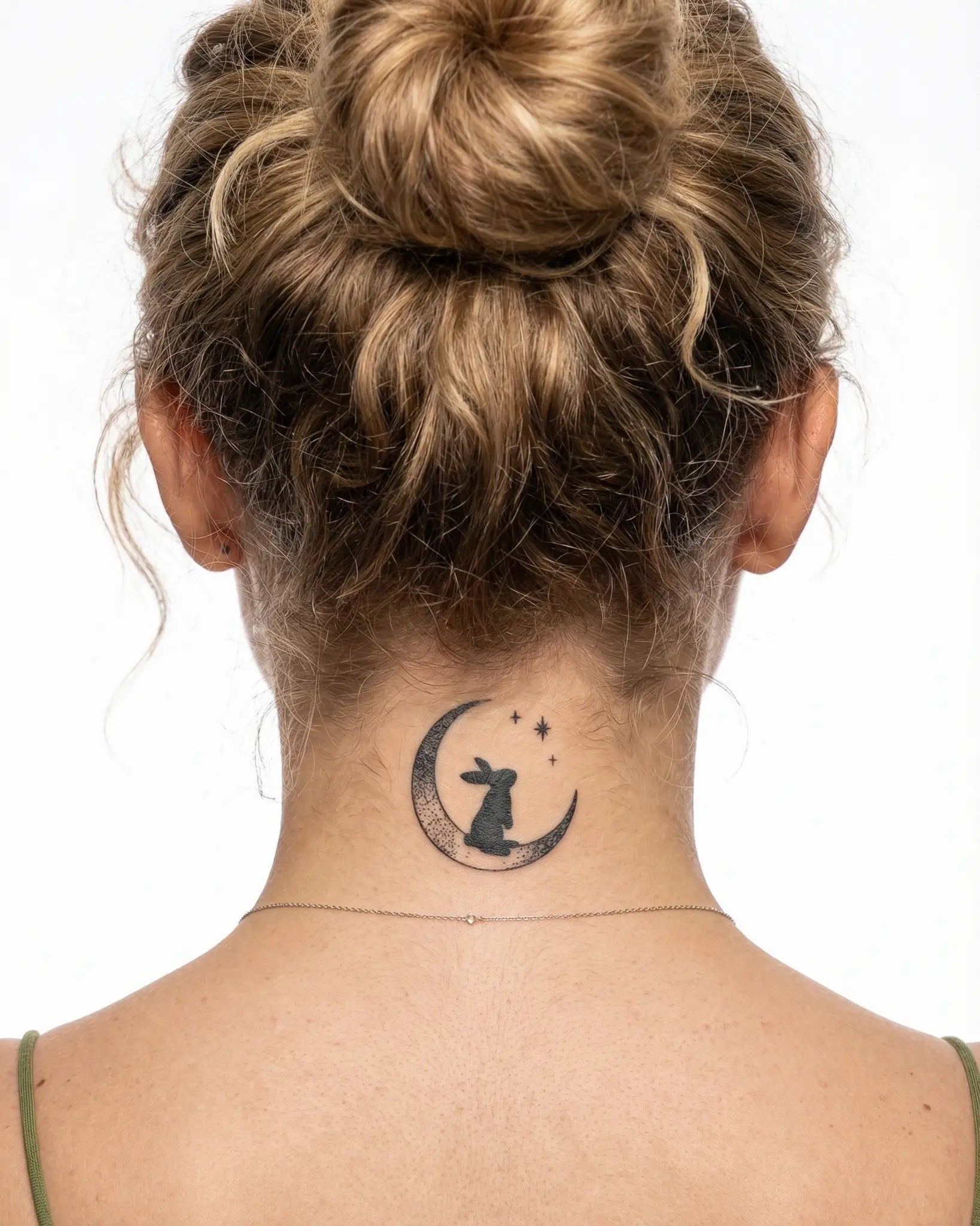 INKY Moon Rabbit semi-permanent tattoo applied on a woman – 2 x 2 in (4x4 cm) design, realistic ink look, lasts 10 days