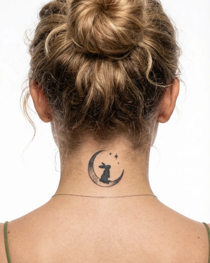 INKY Moon Rabbit semi-permanent tattoo applied on a woman – 2 x 2 in (4x4 cm) design, realistic ink look, lasts 10 days