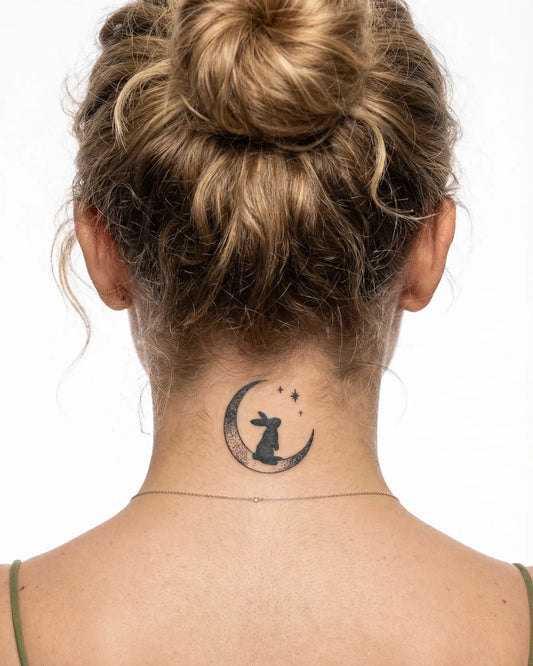 INKY Moon Rabbit semi-permanent tattoo applied on a woman – 2 x 2 in (4x4 cm) design, realistic ink look, lasts 10 days