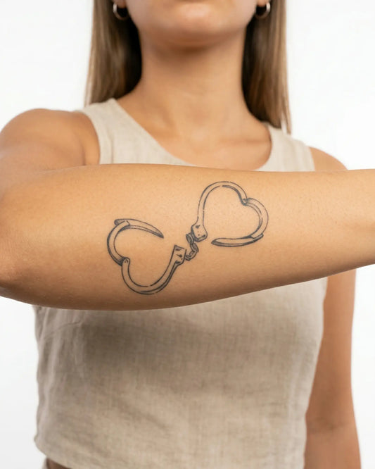 INKY Love Unbound semi-permanent tattoo applied on a woman – 3 x 3 in (7x7 cm) design, realistic ink look, lasts 10 days