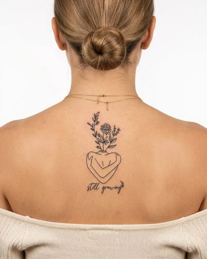 INKY Still Growing semi-permanent tattoo applied on a woman – 2 x 4 in (6x10 cm) design, realistic ink look, lasts 10 days