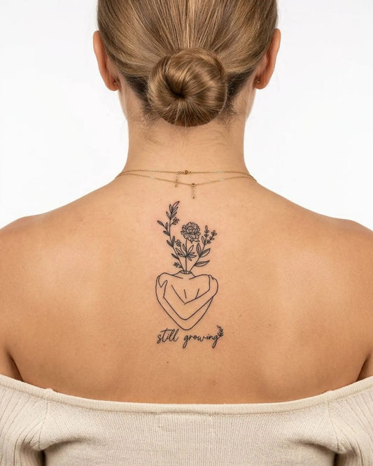 INKY Still Growing semi-permanent tattoo applied on a woman – 2 x 4 in (6x10 cm) design, realistic ink look, lasts 10 days
