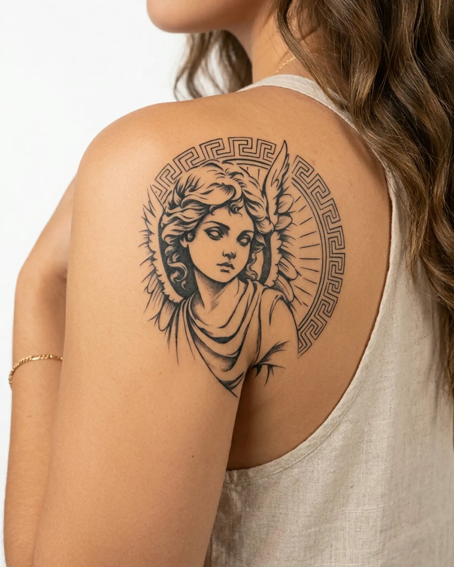INKY Angel Bust semi-permanent tattoo applied on a woman – 3 x 4 in (7x10 cm) design, realistic ink look, lasts 10 days