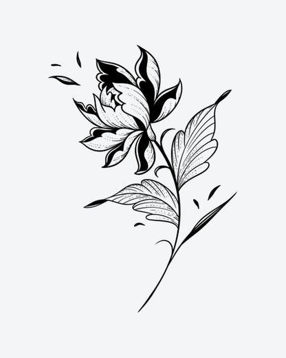 Bloom Noir 2 semi-permanent tattoo design by INKY – Fine Line, Flower, Leaves, Petal illustration, 3 x 4 in (7x10 cm), available at inkytatt.com