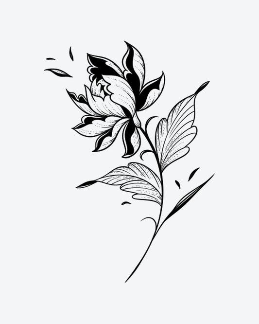 Bloom Noir 2 semi-permanent tattoo design by INKY – Fine Line, Flower, Leaves, Petal illustration, 3 x 4 in (7x10 cm), available at inkytatt.com