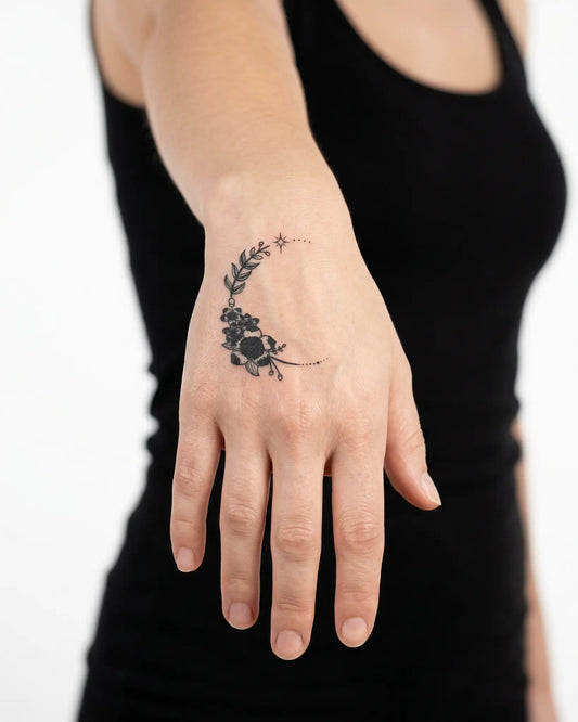 INKY Floral Moon 2 semi-permanent tattoo applied on a woman – 2 x 2 in (4x4 cm) design, realistic ink look, lasts 10 days