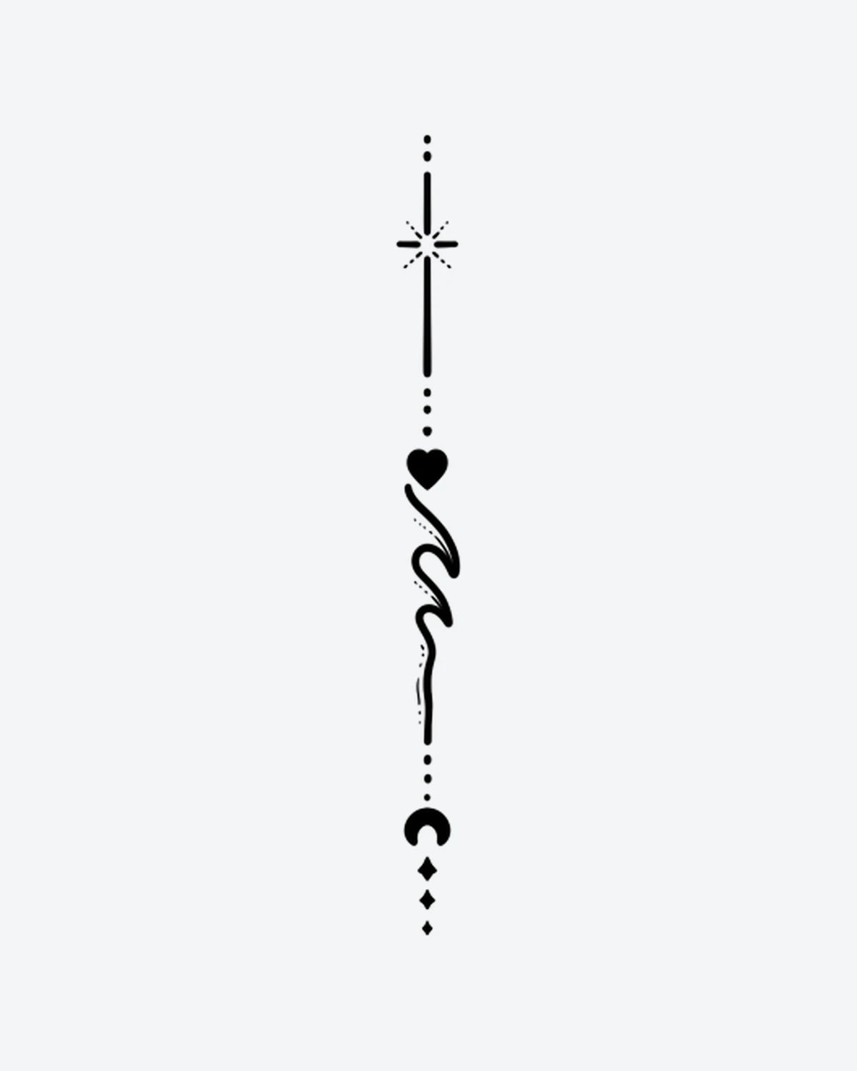 Soul Journey semi-permanent tattoo design by INKY – Crescent Moon, Fine Line, Wave, Starburst, Heart illustration, 2 x 2 in (4x4 cm), available at inkytatt.com
