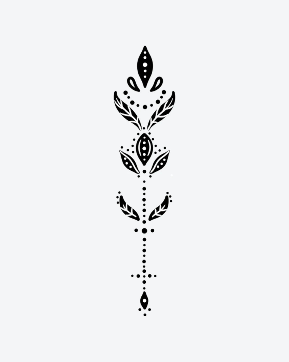 Ornamental semi-permanent tattoo design by INKY – Leaves, Diamond, Circle, Dotwork, Pattern illustration, 2 x 4 in (6x10 cm), available at inkytatt.com